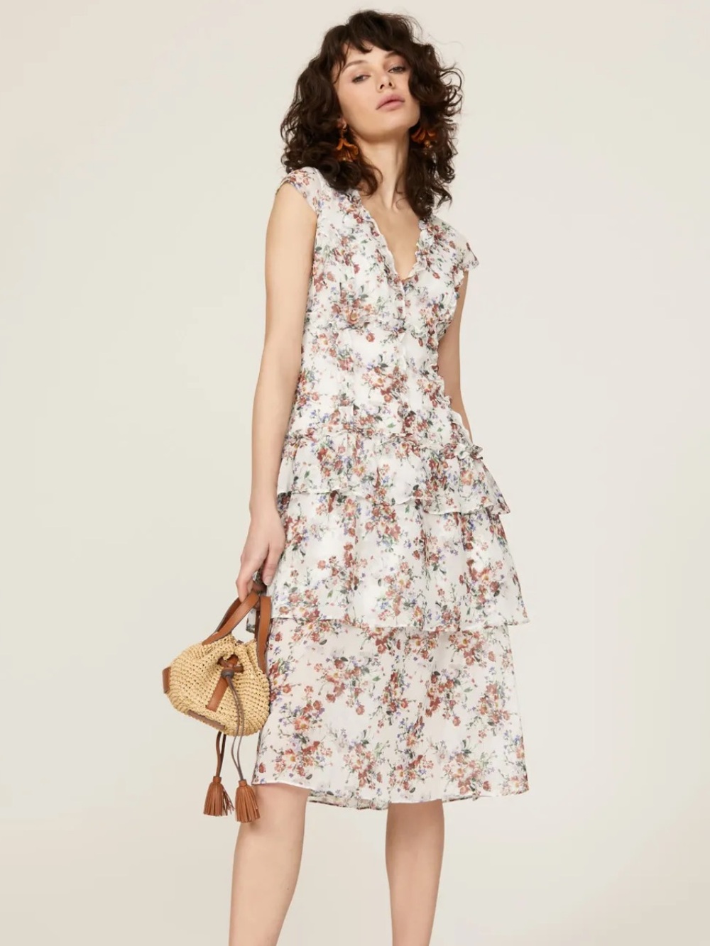 Marissa Webb Cream Floral Ruffle Midi Dress
